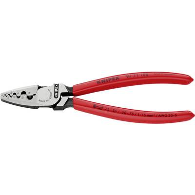 Pince à sertir rouge avec partie de préhension noire, portant l'inscription 'Knipex'. Adaptée pour couper et dénuder des câbles de différentes tailles.