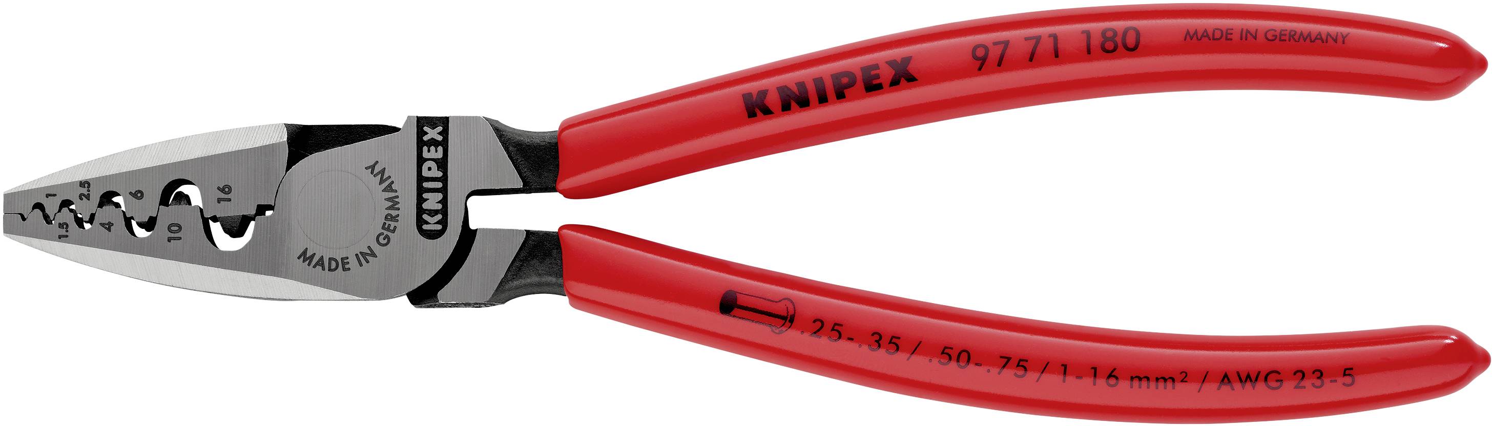 Pince à sertir rouge de KNIPEX avec poignées isolées, adaptée pour le sertissage de connecteurs de câbles de différentes tailles.