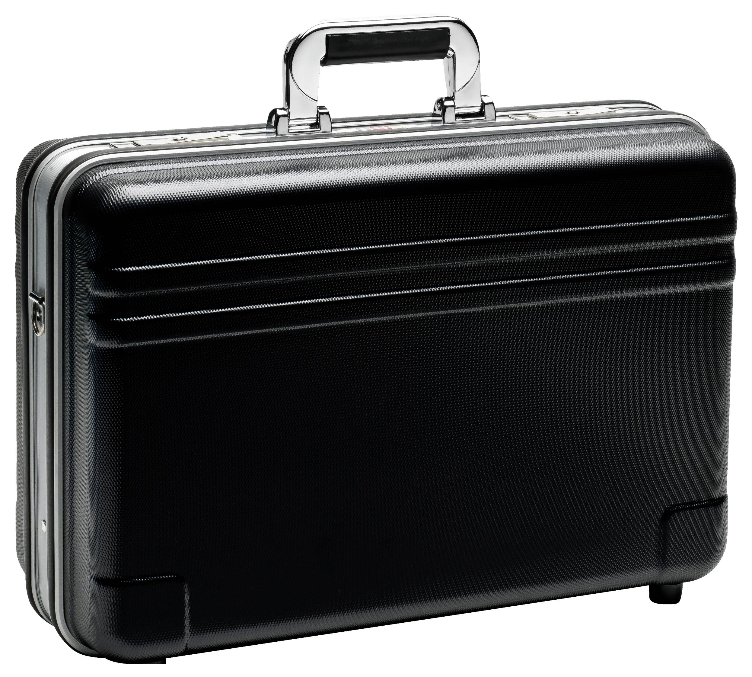 Une mallette rigide noire avec une poignée argentée, debout, fermée.