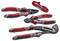 Un ensemble de trois outils manuels en rouge et noir, comprenant des pinces, des coupe-câbles, et une clé à molette, présentés avec une sangle rouge.