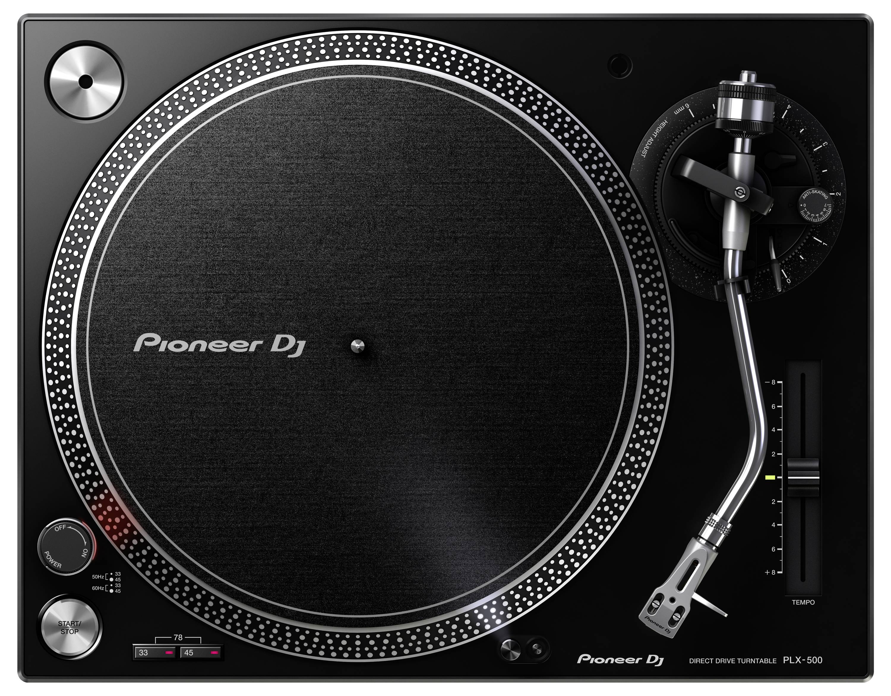 Platine tourne-disque Pioneer DJ avec plateau, bras de lecture et curseur de tempo sur une platine noire.