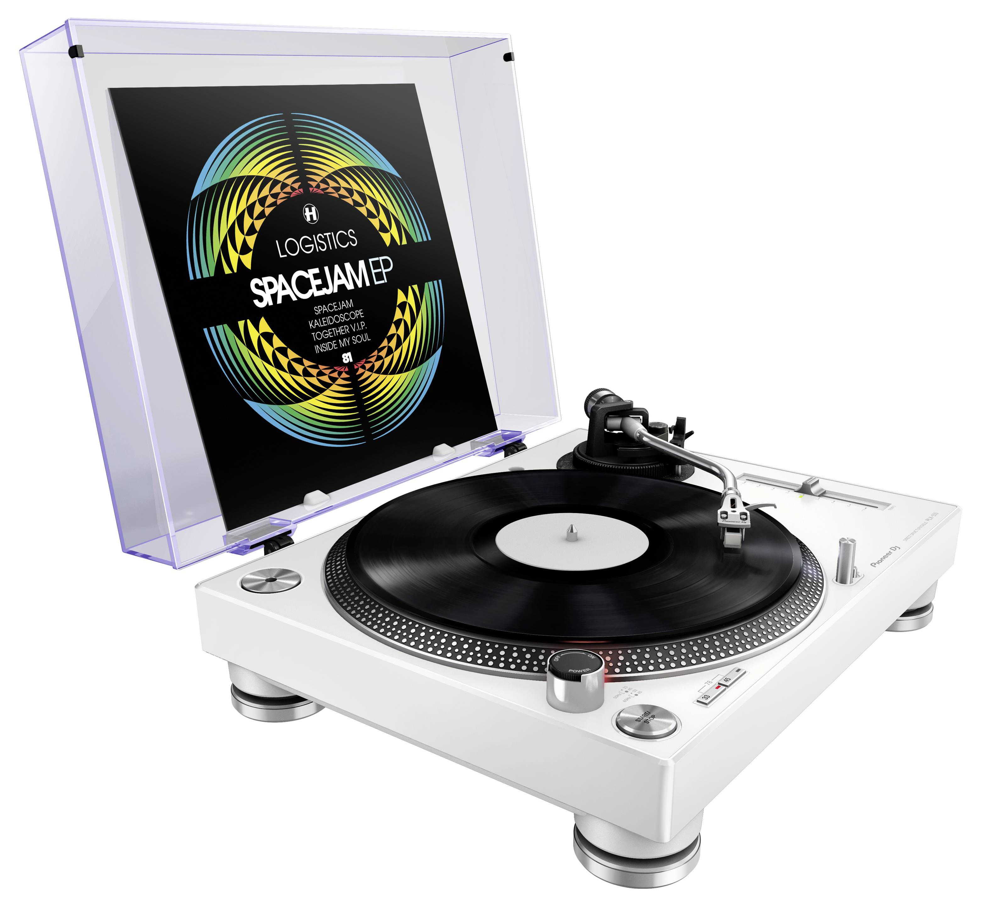 Platine disque blanche avec un disque vinyle tournoyant à côté d'une pochette d'album dressée verticalement affichant « LOGISTICS SPACEJAMP » dans un boîtier transparent.