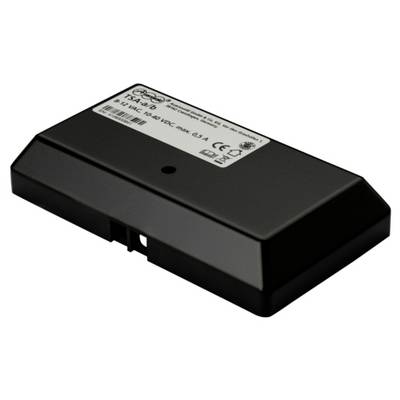 Boîtier en plastique noir avec une étiquette indiquant la marque de certification et les spécifications techniques d'un composant électronique.
