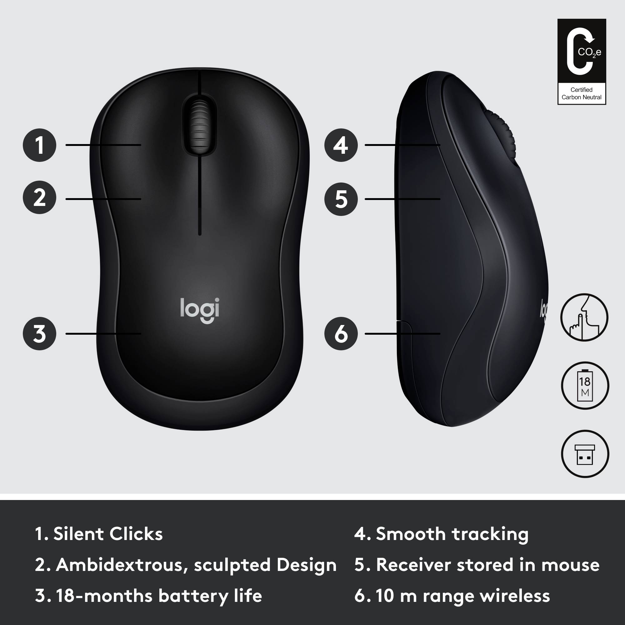 Une souris d'ordinateur noire sans fil avec six fonctions étiquetées, incluant un clic silencieux et une portée sans fil de 10 m.