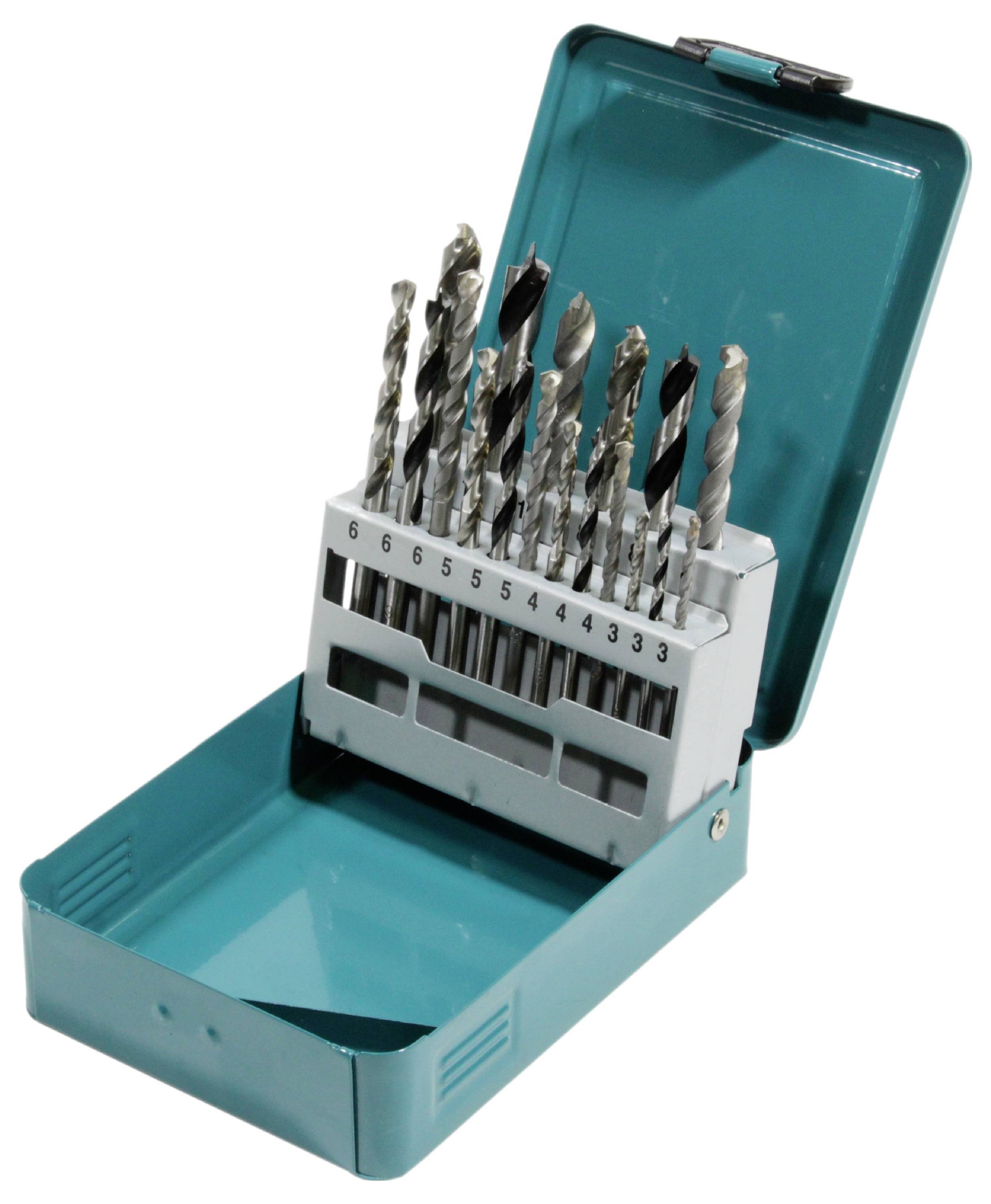 Ensemble de 13 forets métalliques de différentes tailles présentés dans un étui en plastique ouvert de couleur turquoise.