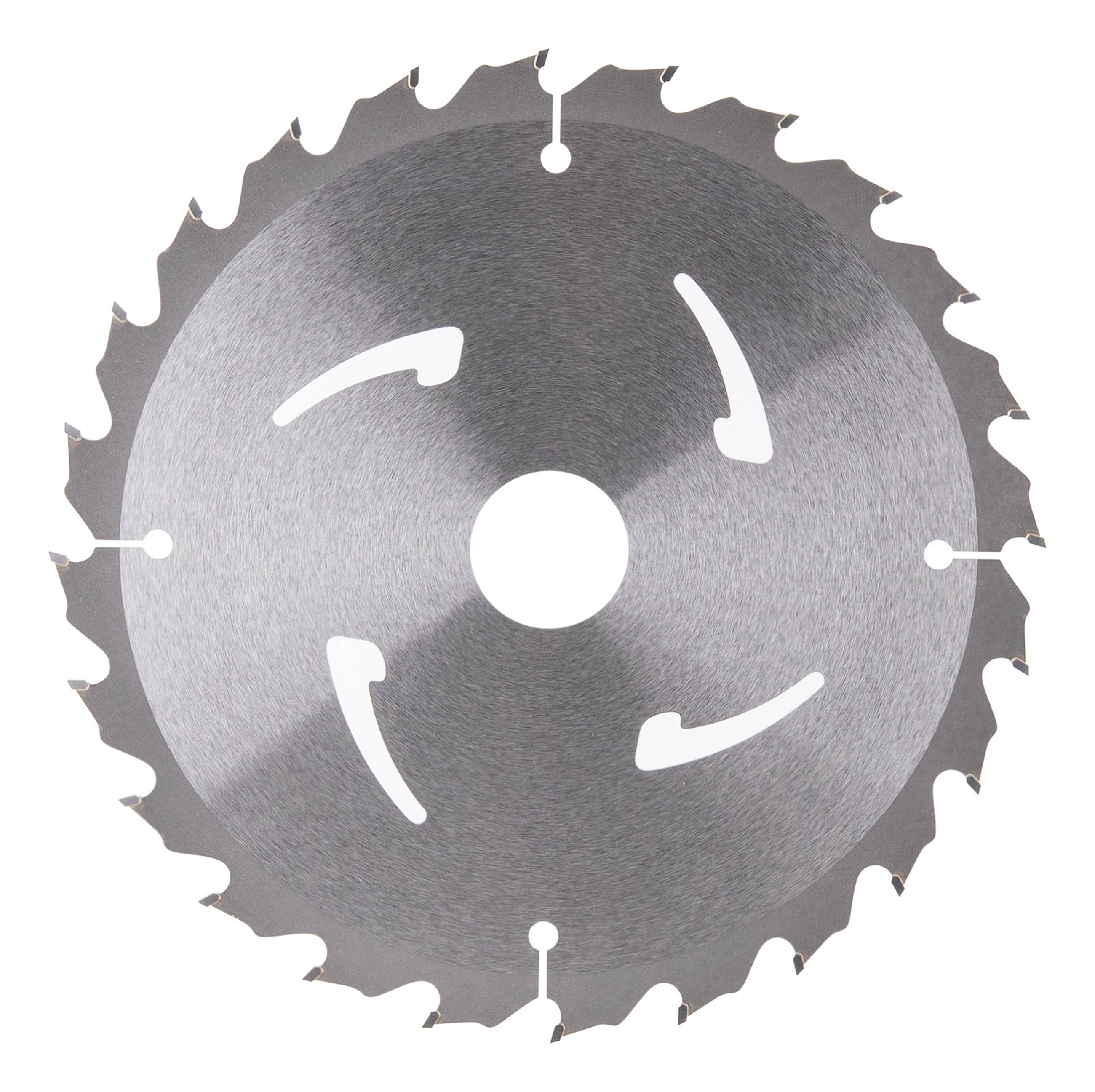 Une image en gros plan montre une lame de scie circulaire avec des dents acérées, utilisée pour des travaux de coupe.