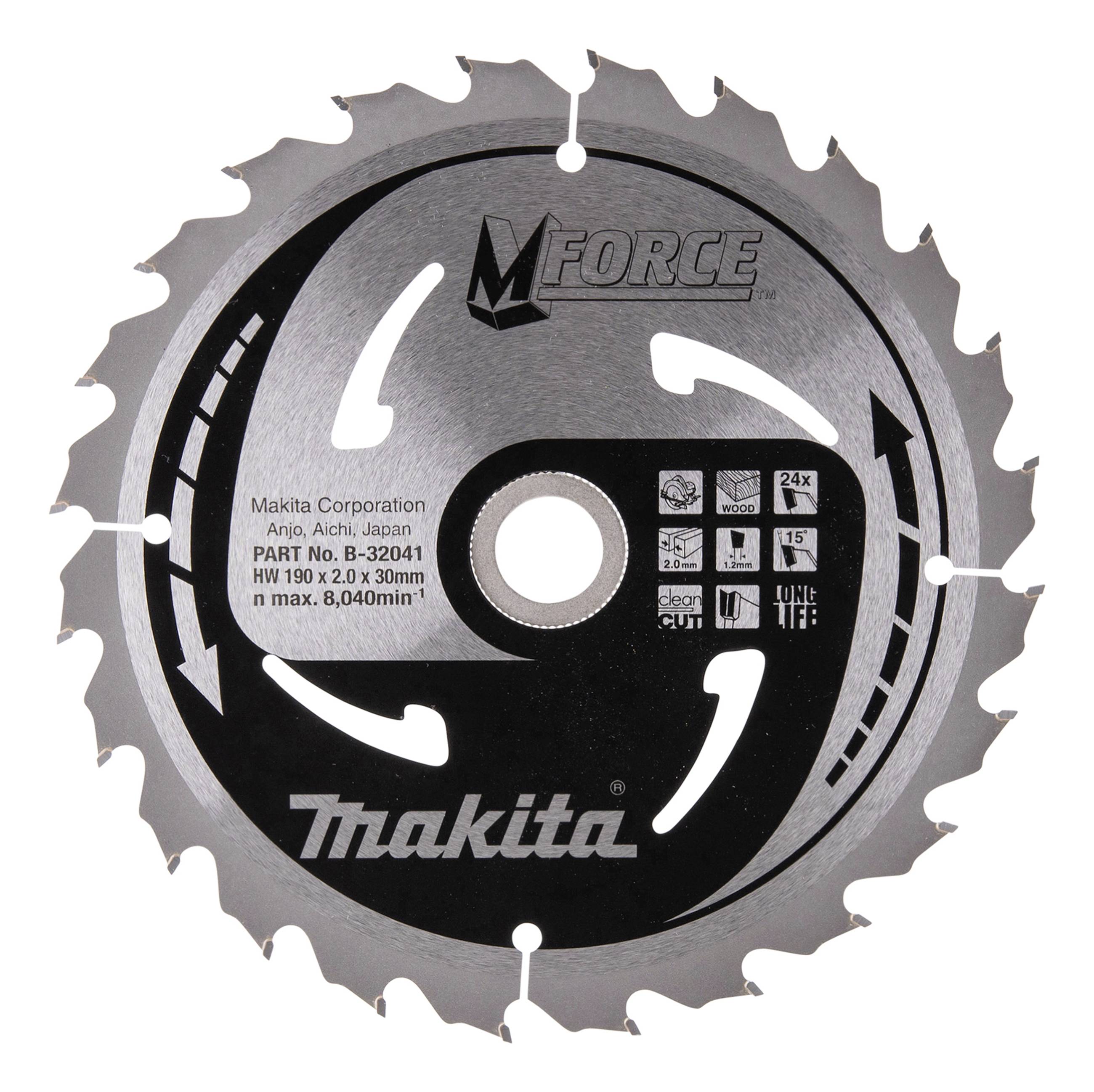 Lame de scie portant l'inscription 'Makita' et 'Force', 24 dents, adaptée aux coupes de bois et de métal, avec indication de la vitesse de rotation.