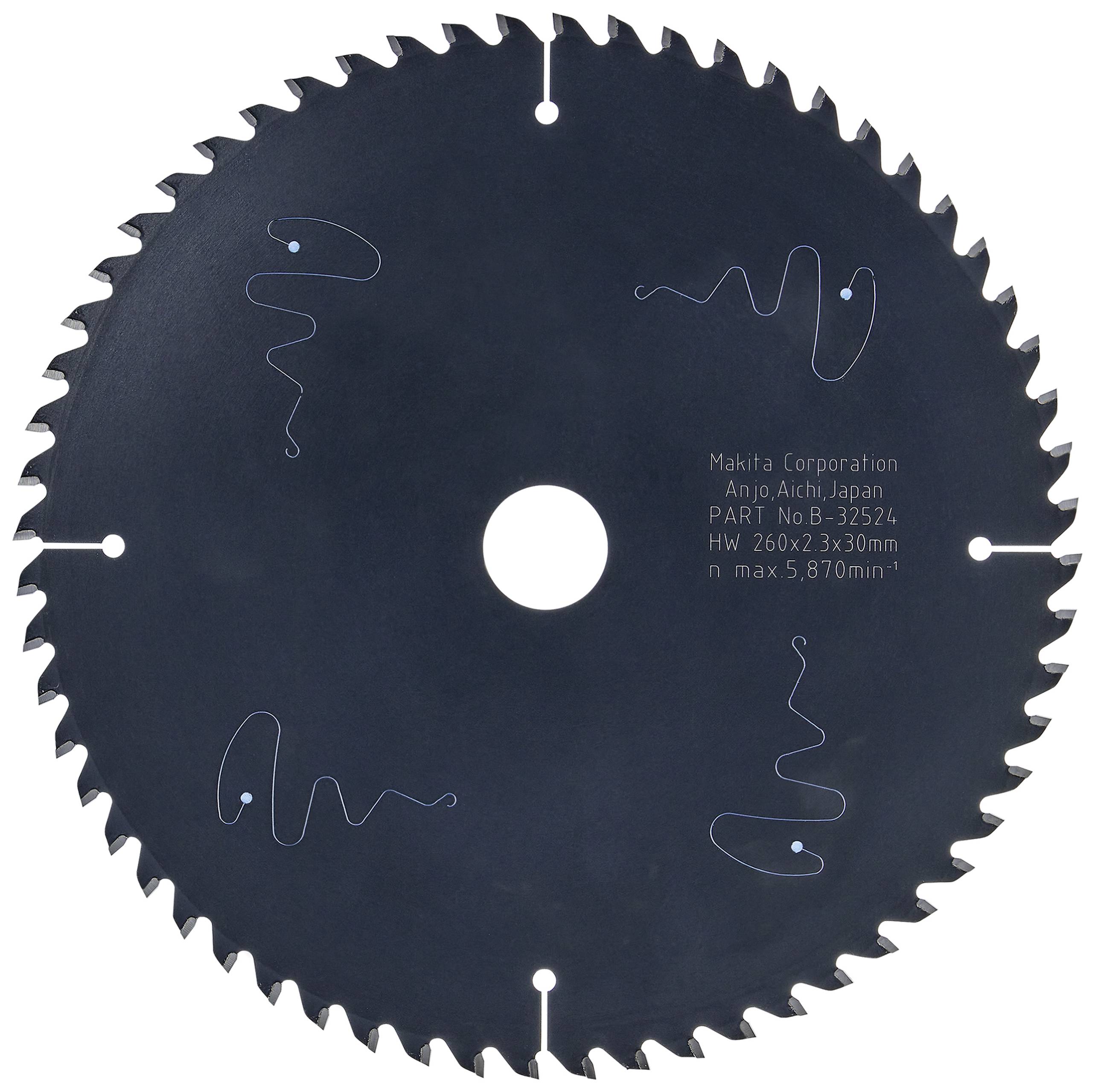 'Lame de scie avec 60 dents, inscription : Makita Corporation, Anjo, Aichi, Japon. PART No. B-32524 HW 260x2,3x30mm n max 5 870 min⁻¹.'
