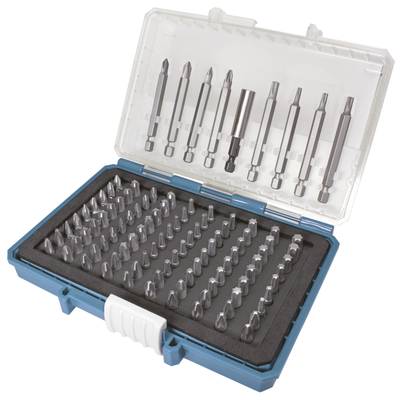 Boîte à outils ouverte contenant une sélection de embouts de tournevis de différentes tailles et formes, disposés dans une mousse de calage.