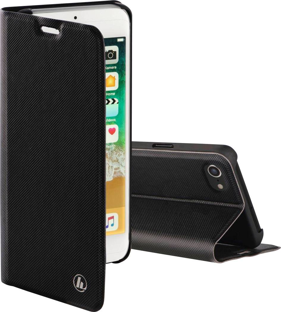 Un smartphone dans un étui noir à rabat, partiellement ouvert, montrant l'écran. Vue arrière de l'appareil photo visible.