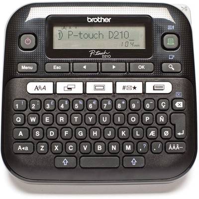 Appareil d'étiquetage électronique avec écran, clavier alphanumérique. L'écran affiche 'P-touch D210'.