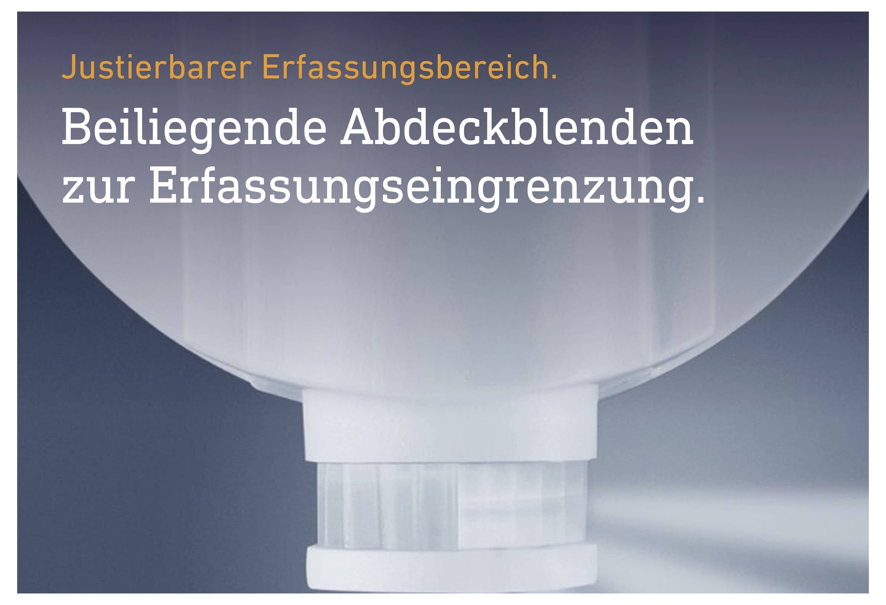 Illustration du produit d'un capteur avec texte : « Plage de détection réglable. Volets de couverture fournis pour limiter la détection. »