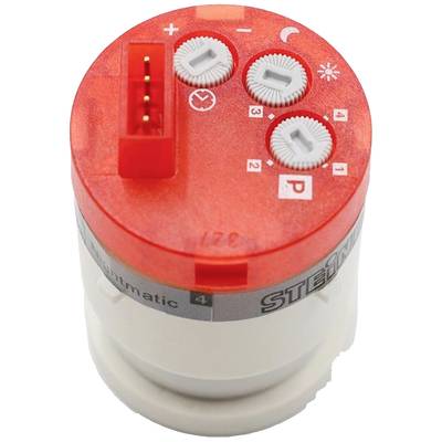 Un composant électrique rouge et blanc avec des chiffres et des symboles pour les réglages. Un bloc de connexion rouge situé en haut à gauche.