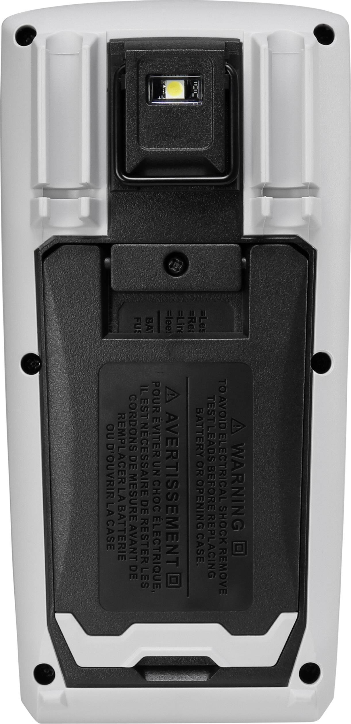 Un appareil électronique portable doté d'un éclairage LED intégré et d'avertissements sur la face arrière, utilisé pour la mesure.