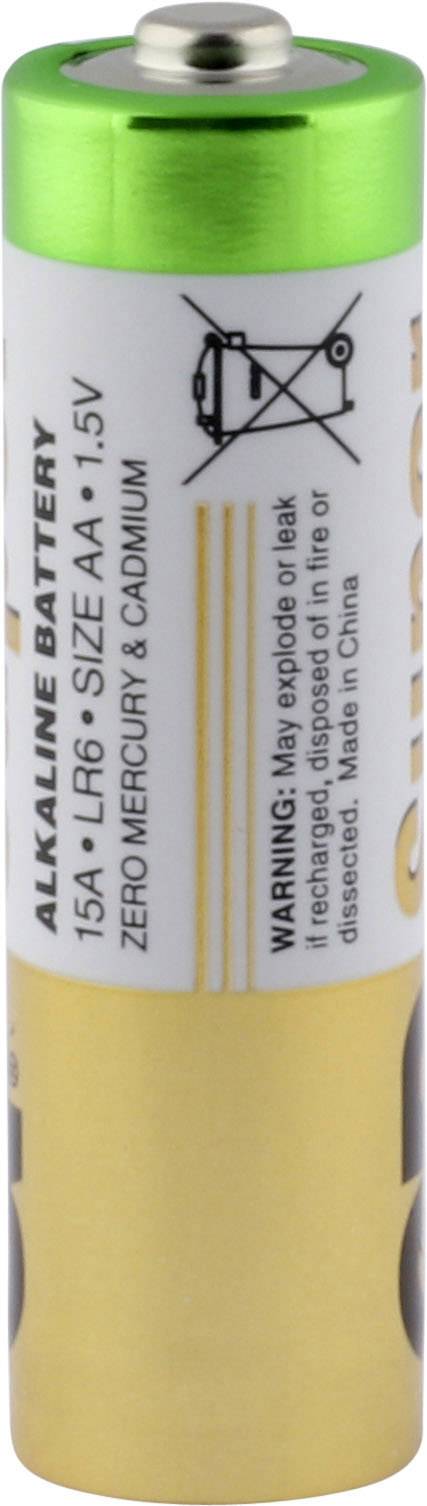 Pile alcaline de taille AA, 1,5V, face supérieure verte et base dorée. Texte sur l'étiquette : « Zéro Mercure & Cadmium », « Fabriqué en Chine ».