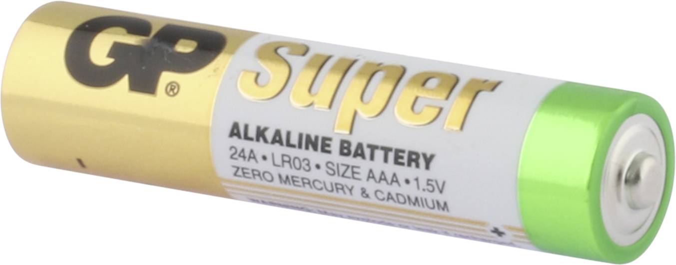 Pile alcaline de marque GP Super, taille AAA, 1,5V. Boîtier blanc et doré avec extrémité verte.