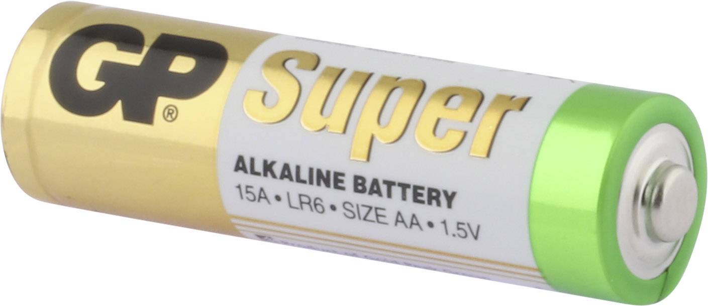 Pile alcaline Super GP, taille AA, 1,5V, au design or et vert. Adaptée aux appareils standards.