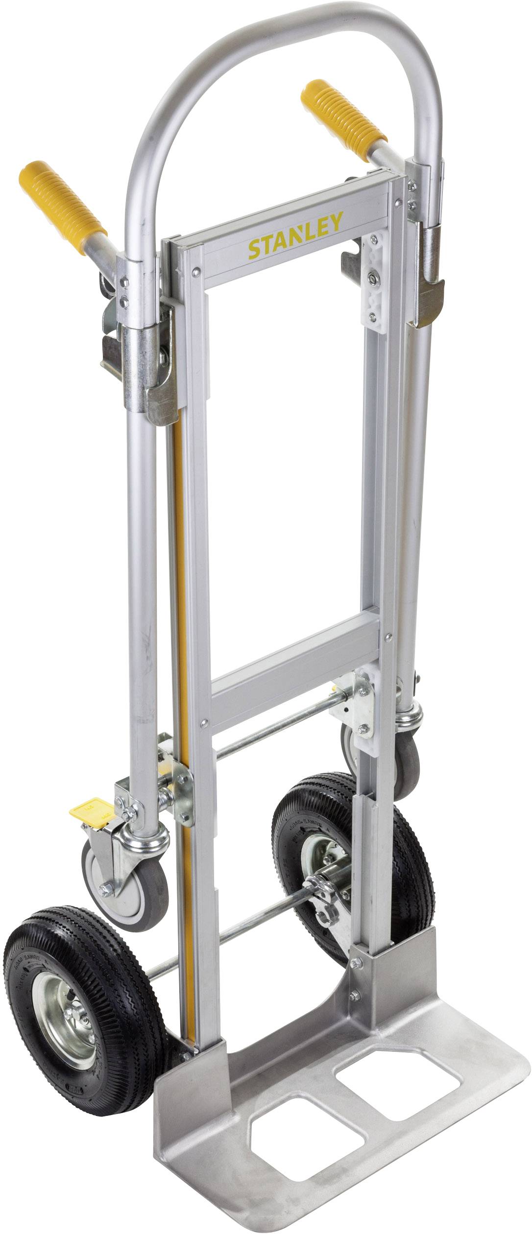 Brouette en métal avec deux roues en caoutchouc, poignée jaune et l'inscription « Stanley ». Développée pour le transport de charges lourdes.