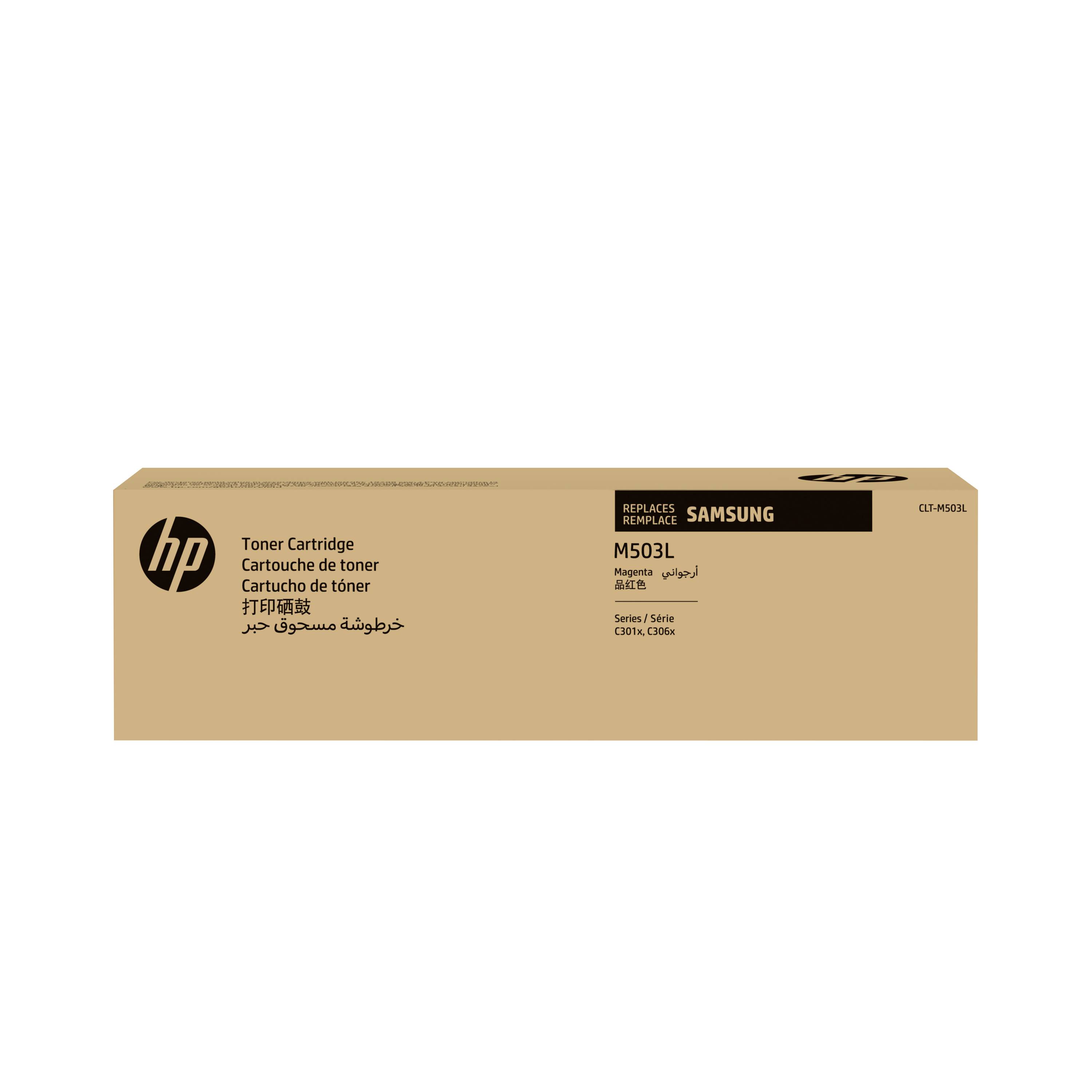 Boîte de cartouche de toner HP étiqueté « Samsung M503L » et « REMPLACE L'ORIGINAL », pour les séries d'imprimantes C3010, C3060.