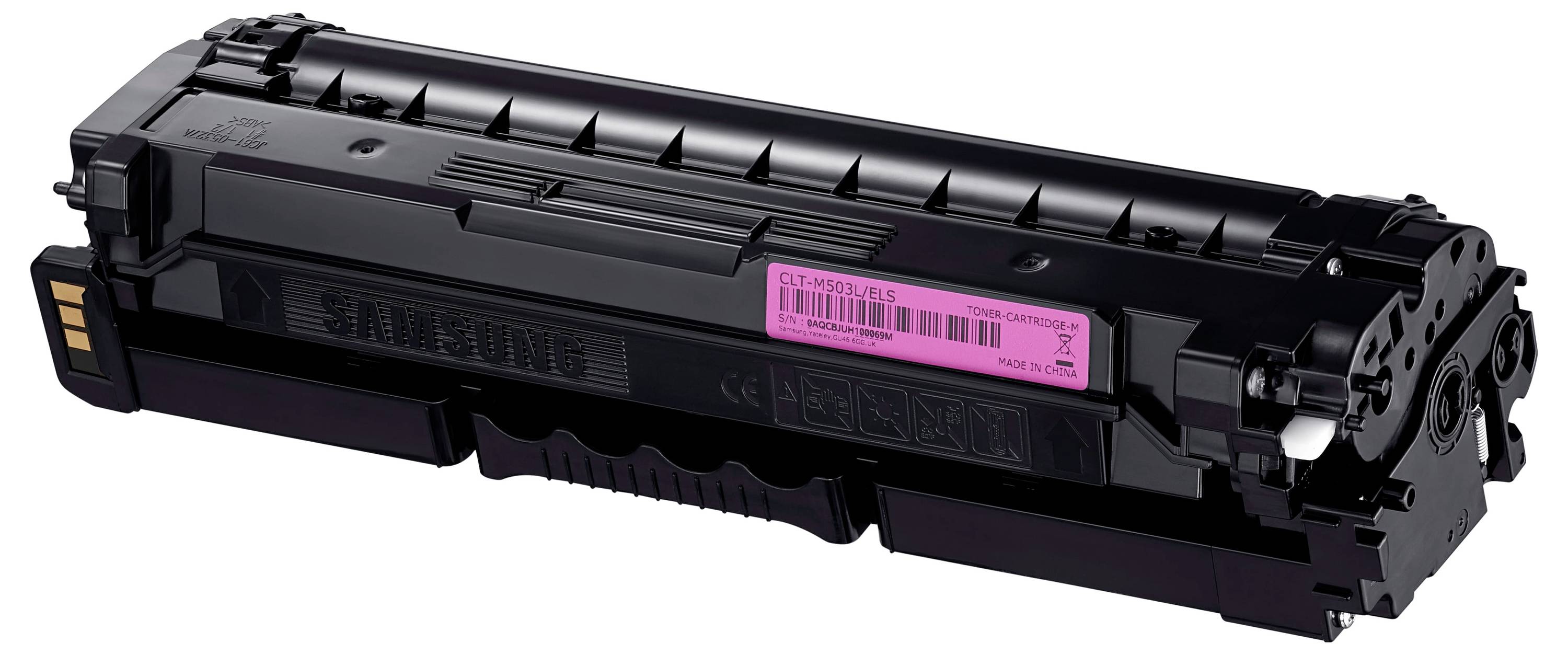 Cartouche de toner pour imprimante Samsung noire avec une étiquette rose, présentée isolée sur un fond blanc.