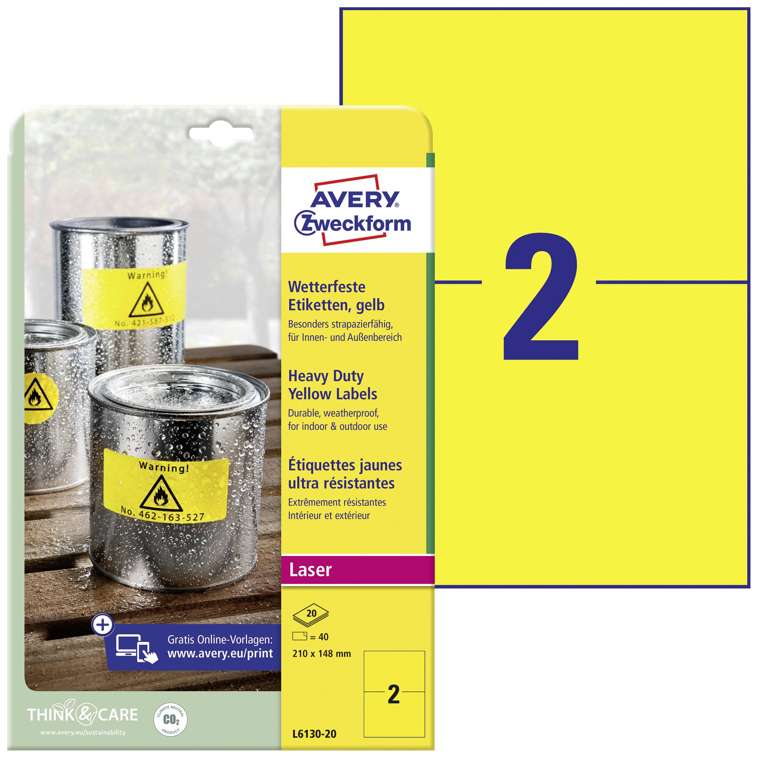 Etiquette plastique Avery-Zweckform L6130-20 210 x 148 mm film de polyester jaune 40 pc(s) fixation permanente