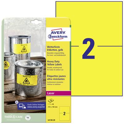 Etiquette plastique Avery-Zweckform L6130-20 210 x 148 mm film de polyester jaune 40 pc(s) fixation permanente 