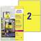 Étiquette jaune avec texte bleu '2'. Emballage pour étiquettes jaunes résistantes aux intempéries d'Avery Zweckform, adaptées aux imprimantes laser.