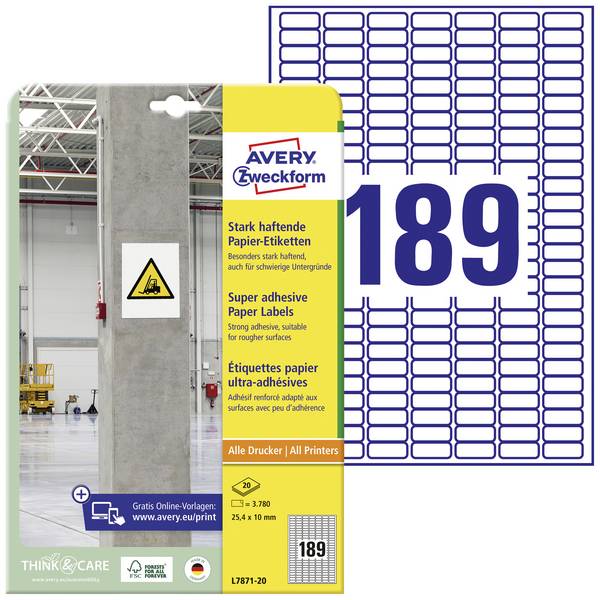 Etiquette ultra-adhésives Avery-Zweckform L7871-20 25.4 x 10 mm papier blanc 3780 pc(s) fixation permanente , fixation forte