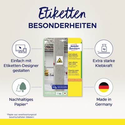 Particularités d'Étiquettes présente des étiquettes durables, à forte adhérence, fabriquées en Allemagne. Incluant des images.