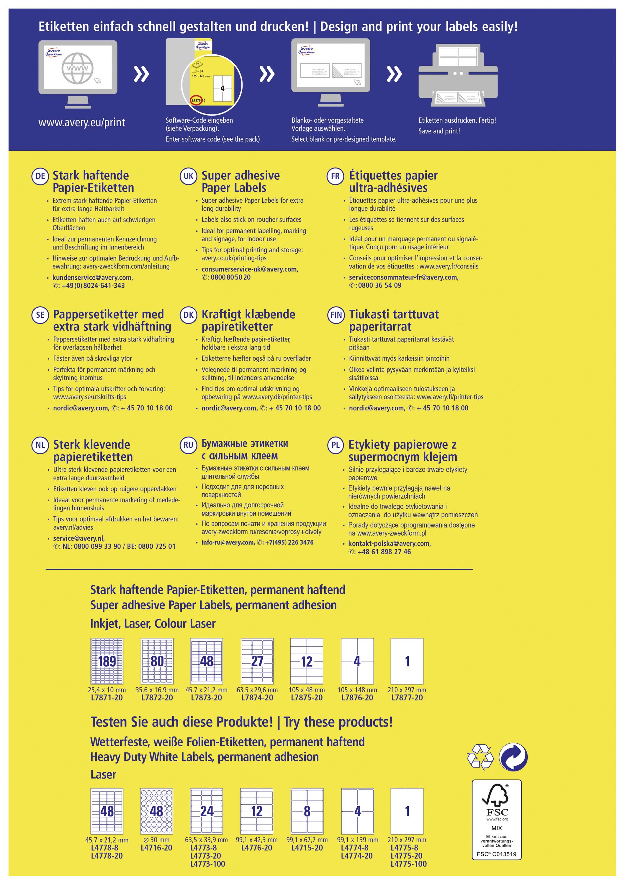 'Créez et imprimez rapidement et facilement des étiquettes !' Étapes de conception et de personnalisation des étiquettes. Détails sur différentes étiquettes en papier à haute adhérence dans plusieurs langues européennes.