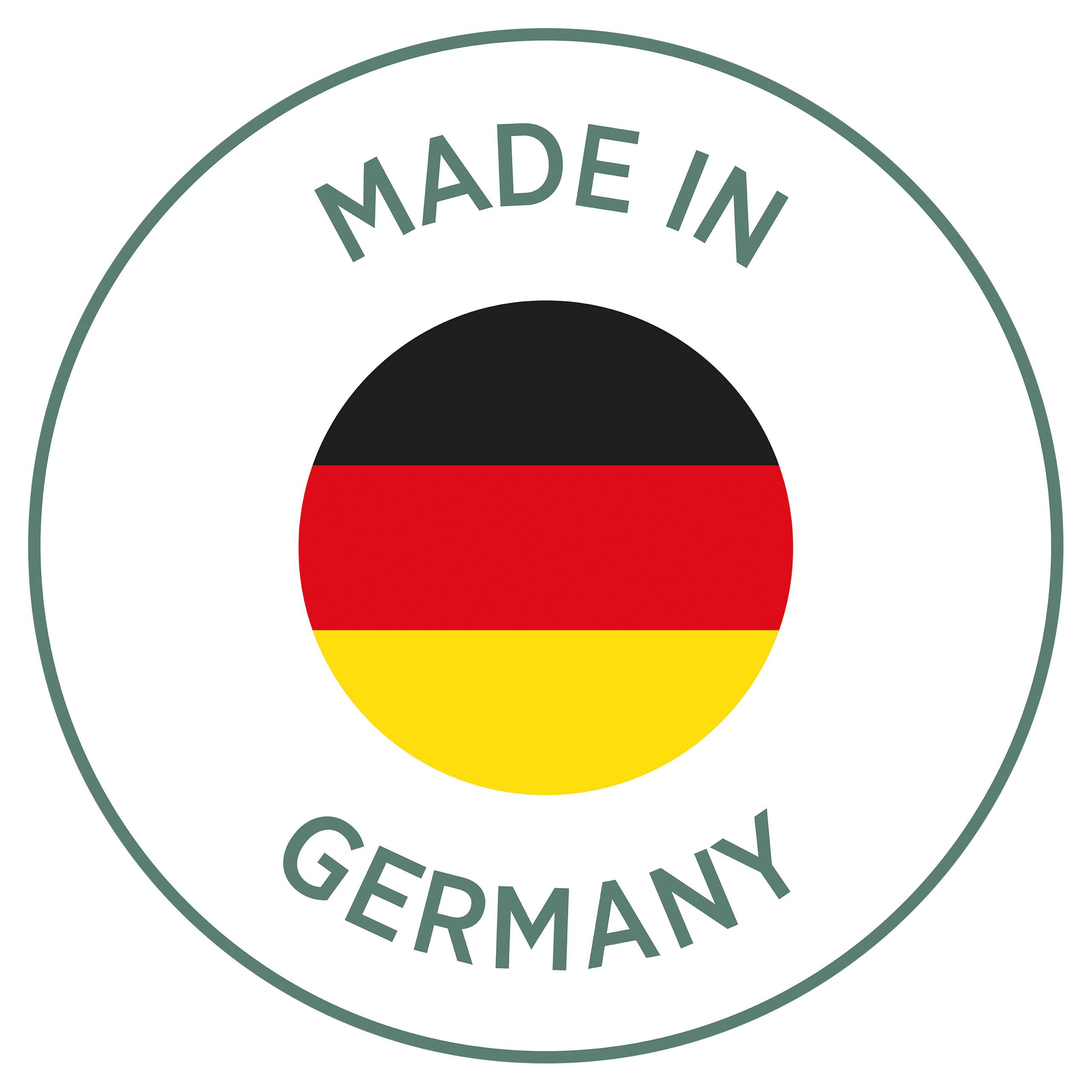 Sceau "Made in Germany" avec un motif de drapeau allemand au centre, entouré d'un cercle et de texte. Symbole de qualité et d'origine.