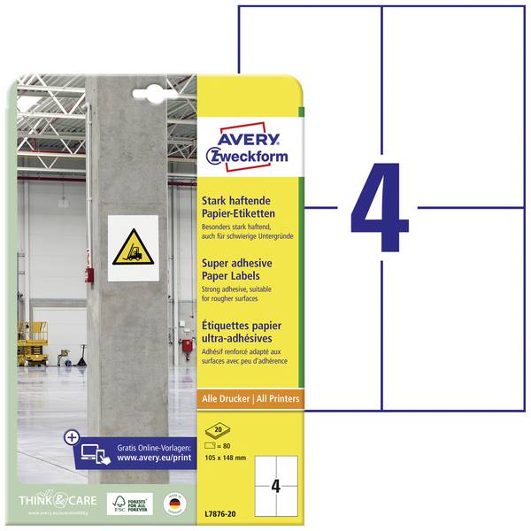 Etiquette ultra-adhésives Avery-Zweckform L7876-20 105 x 148 mm papier blanc 80 pc(s) fixation permanente , fixation forte