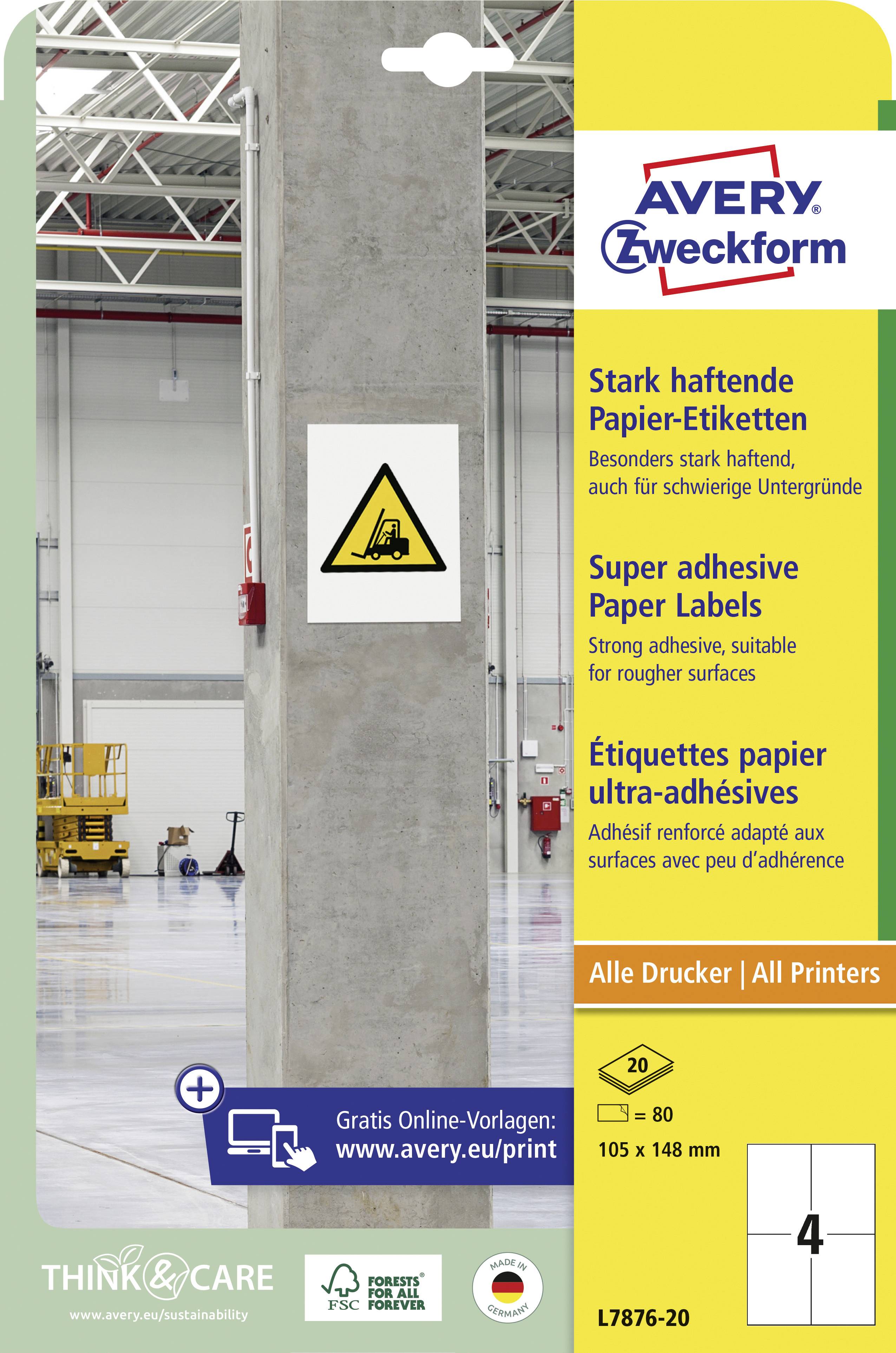 'Étiquette de produit pour étiquettes papier Avery Zweckform : Adhésif puissant, adapté aux surfaces rugueuses, compatible avec toutes les imprimantes.'