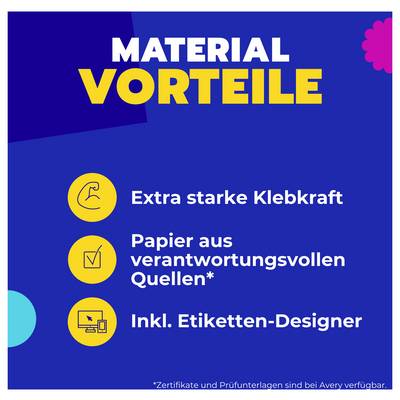 Graphique publicitaire « Avantages matériels » avec trois points : puissance adhésive extra forte, papier provenant de sources responsables, concepteur d'étiquettes inclus.