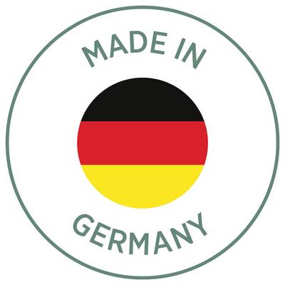 Sceau rond avec le drapeau allemand et le texte « FABRIQUÉ EN ALLEMAGNE ».