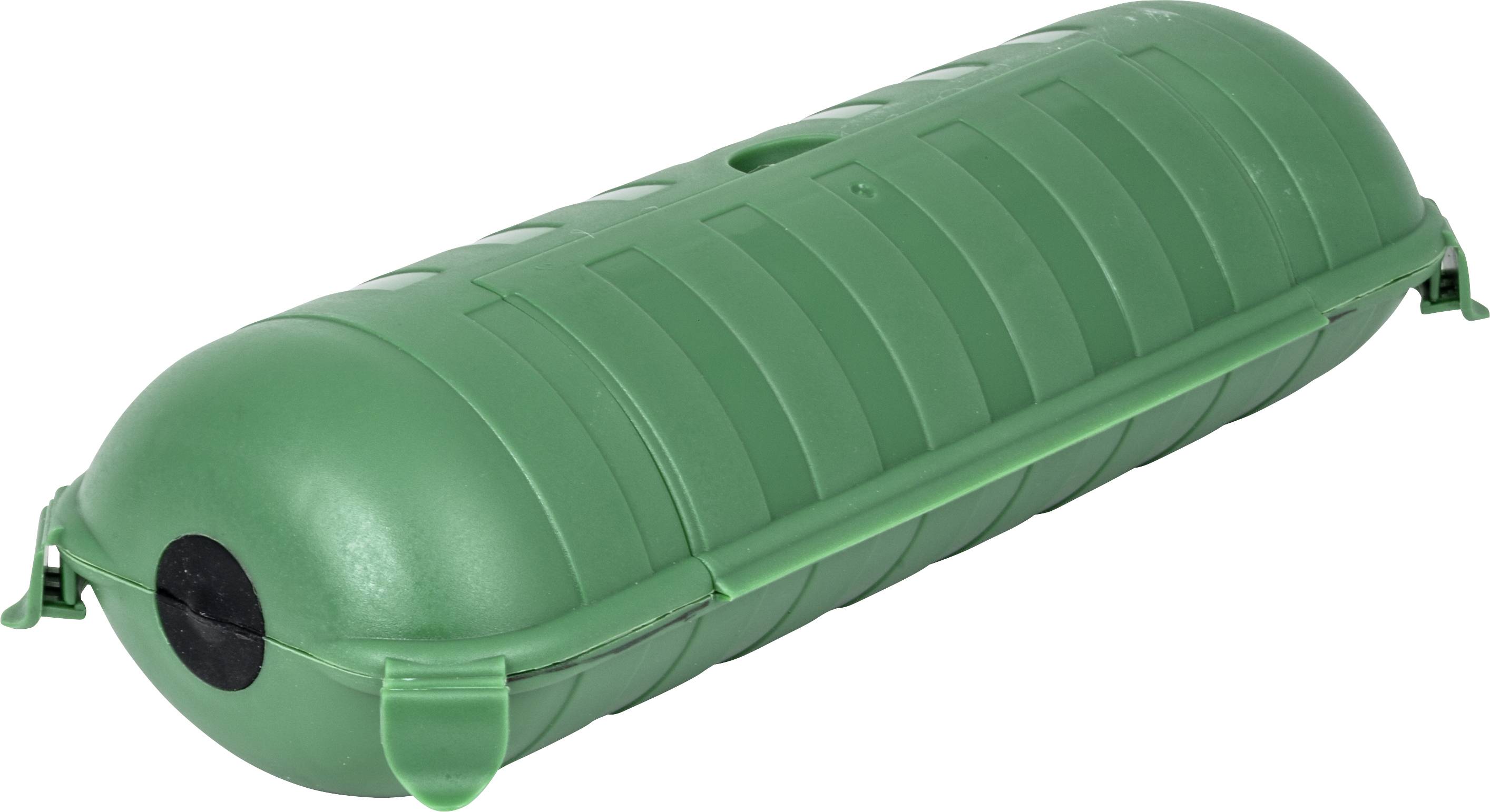 Boîte verte, allongée, avec un couvercle refermable ; sert de récipient de rangement ou de boîte de transport pour divers objets.