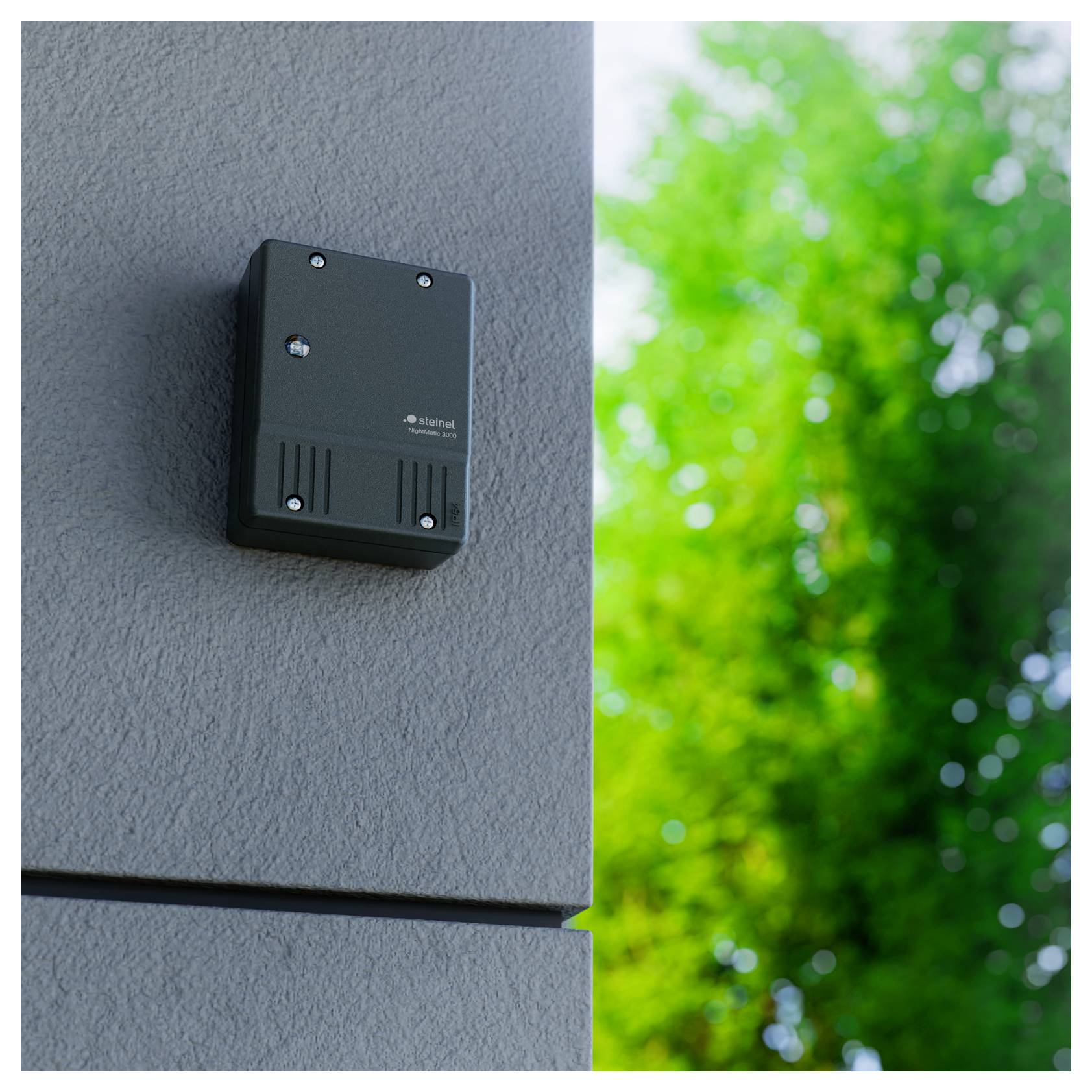 Petit dispositif de sécurité ou capteur noir monté sur un mur extérieur gris, avec des arbres verts floues en arrière-plan.