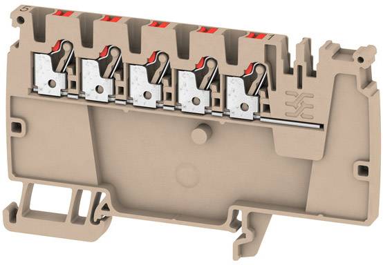 Rail de courant beige avec cinq bornes, levier et connexions. Adapté pour le câblage électrique dans les armoires électriques.