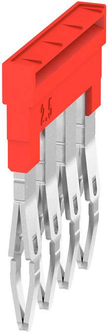 Connecteur avec boîtier rouge et cinq broches métalliques. Il sert à établir des connexions électriques dans les appareils électroniques.