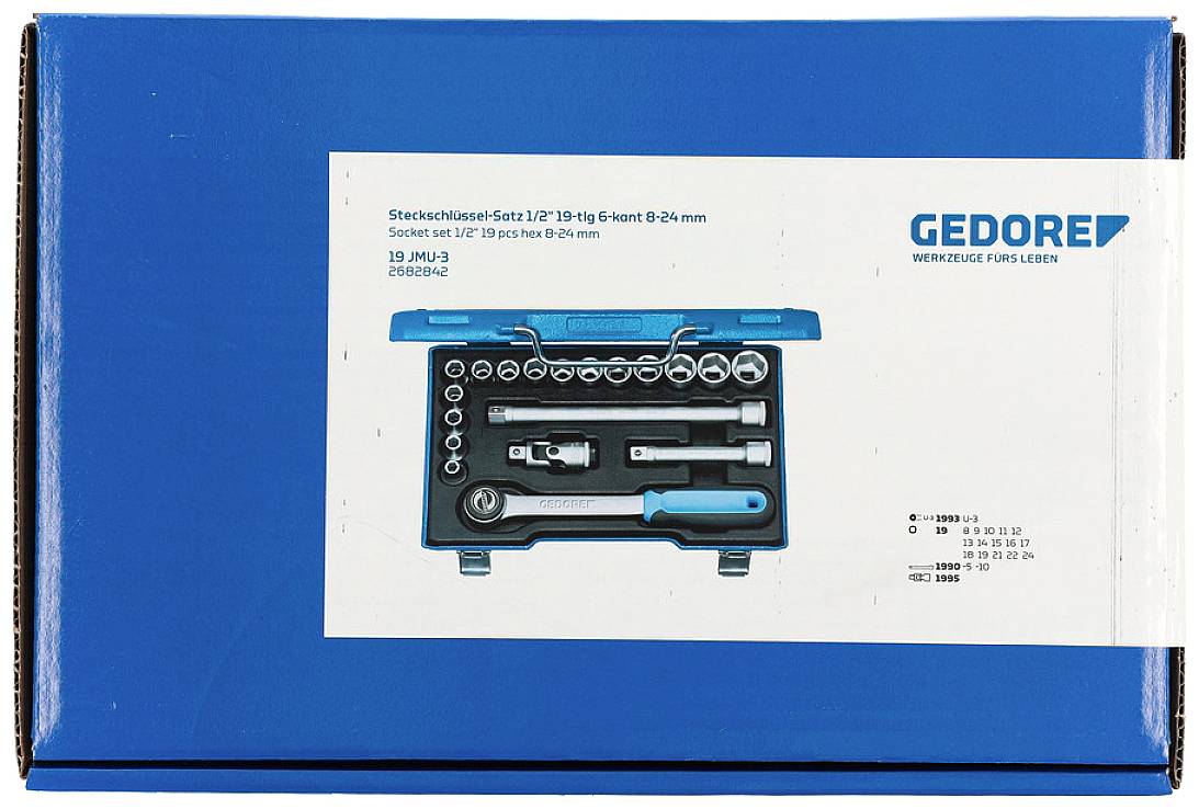 Boîte bleue contenant une photo d'un coffret de clés à douilles. Comprend différentes douilles et outils, marque 'GEDORE'.