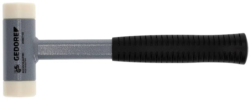 Marteau en caoutchouc avec tête grise et manche noir, posé sur le côté.