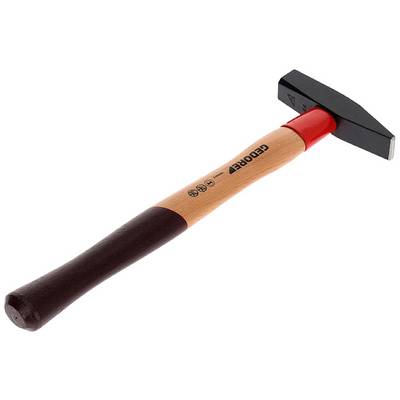 Marteau de serrurier à tête rouge et noire avec manche en bois, adapté aux travaux métalliques généraux.
