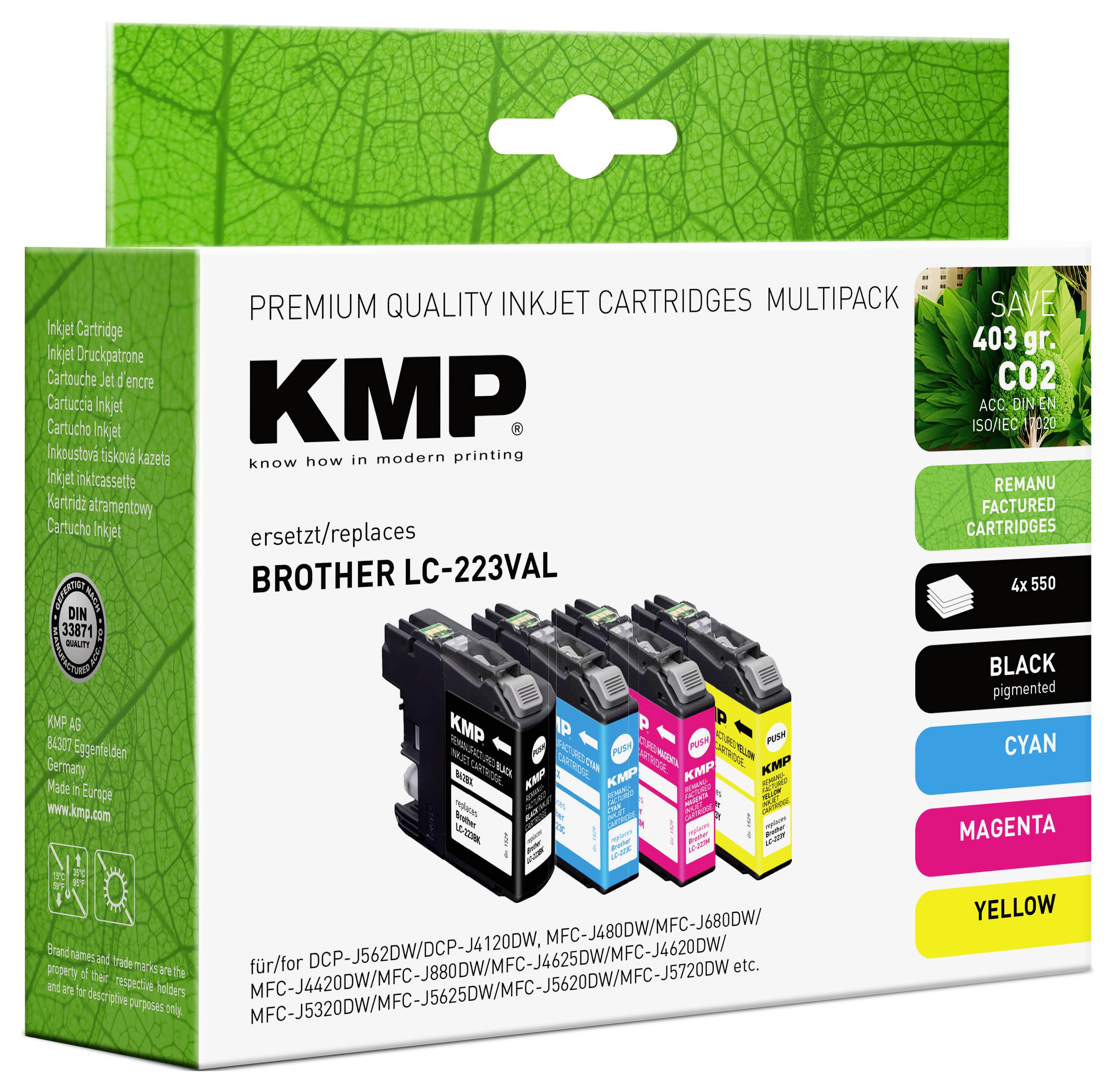 Emballage de cartouches d'imprimante multicolores de la marque KMP, remplaçant le modèle Brother LC-223VAL. Contient les couleurs Noir, Cyan, Magenta et Jaune.