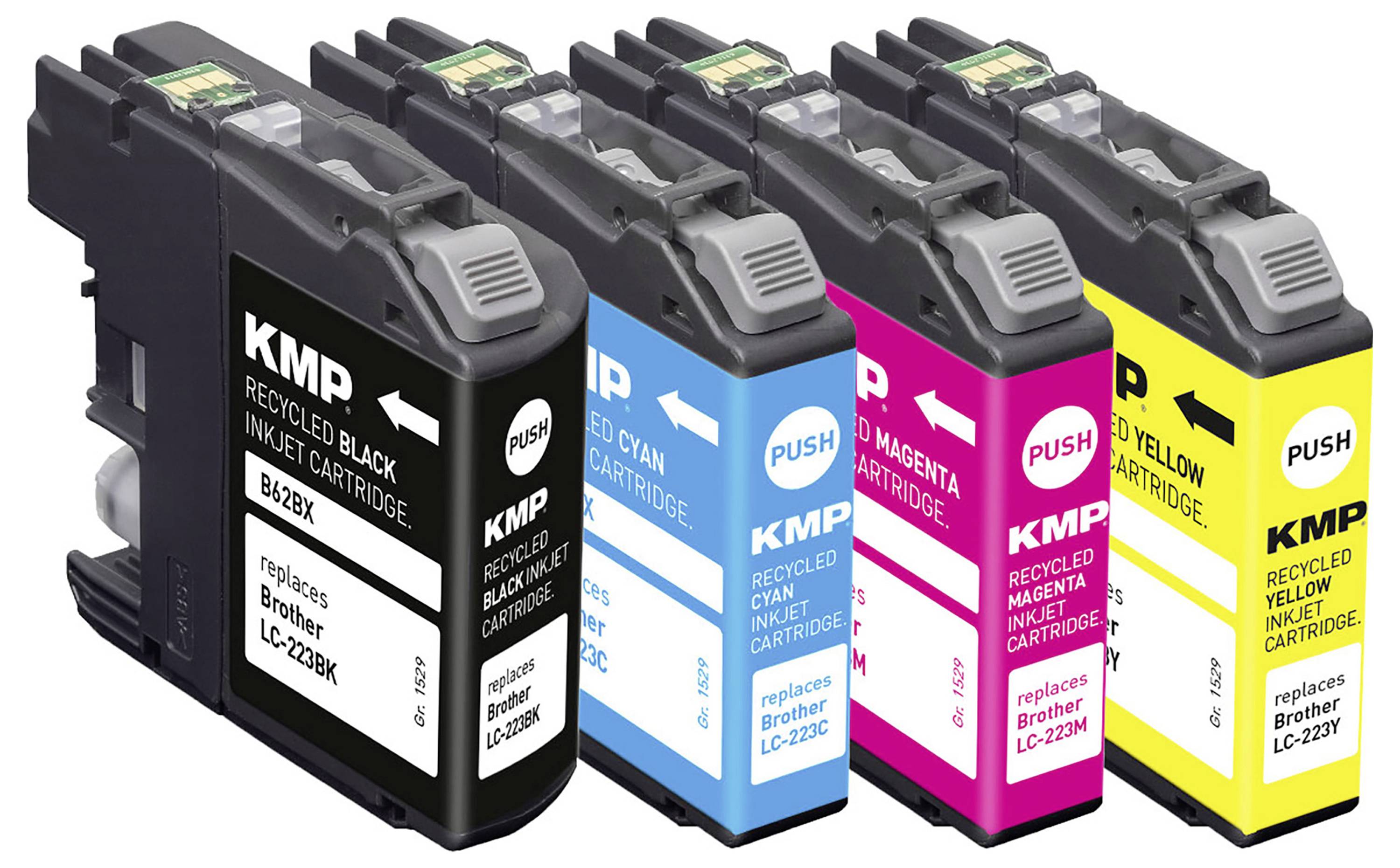 Cinq cartouches d'encre en noir, bleu, magenta, jaune et noir avec étiquette KMP et indication de compatibilité avec Brother LC-220XK/LC-223Y.