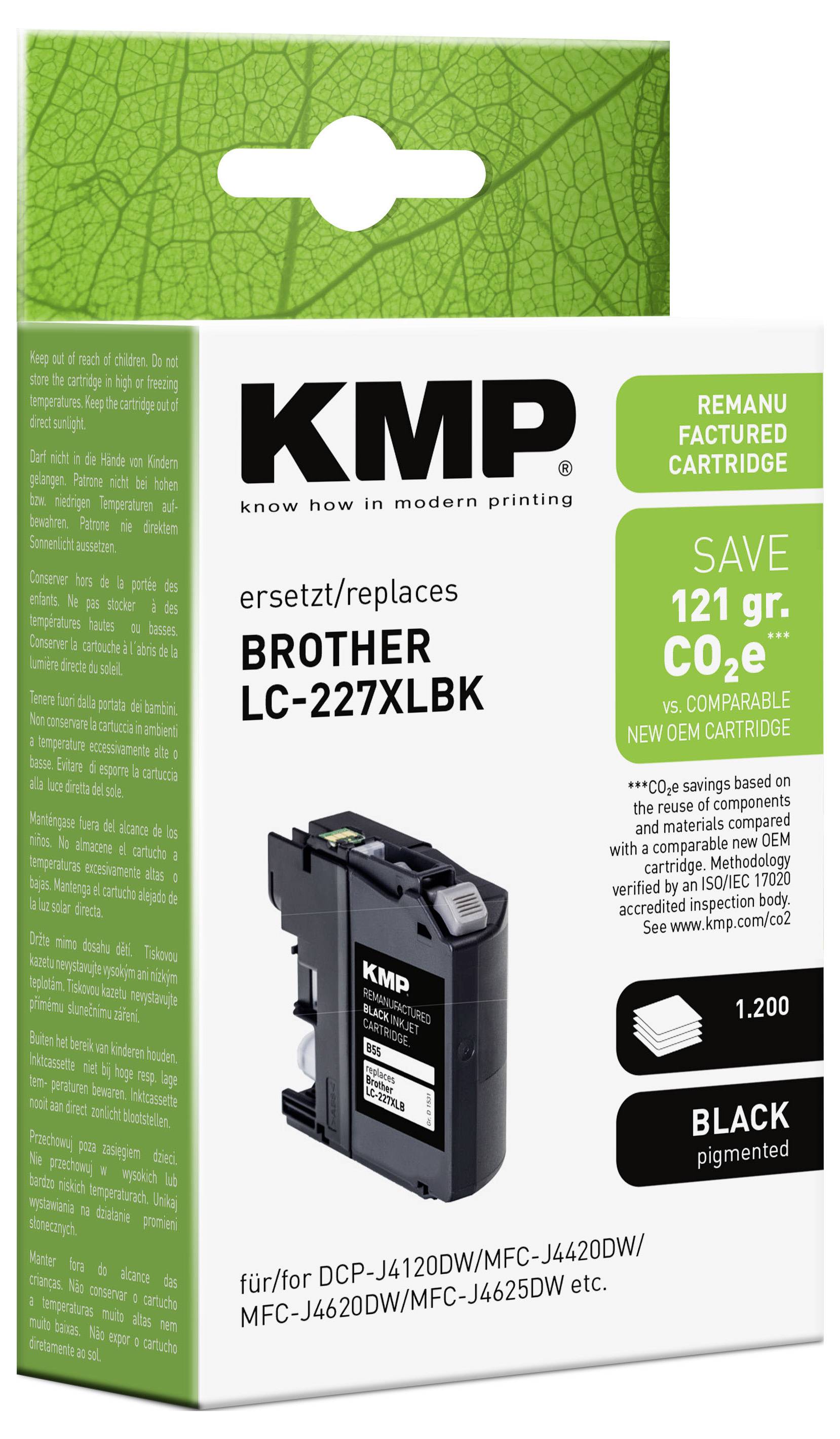 Cartouche d'imprimante noire reconditionnée KMP pour Brother LC-227XLBK, économisant 121 g CO2e et compatible avec plusieurs modèles d'imprimantes Brother.