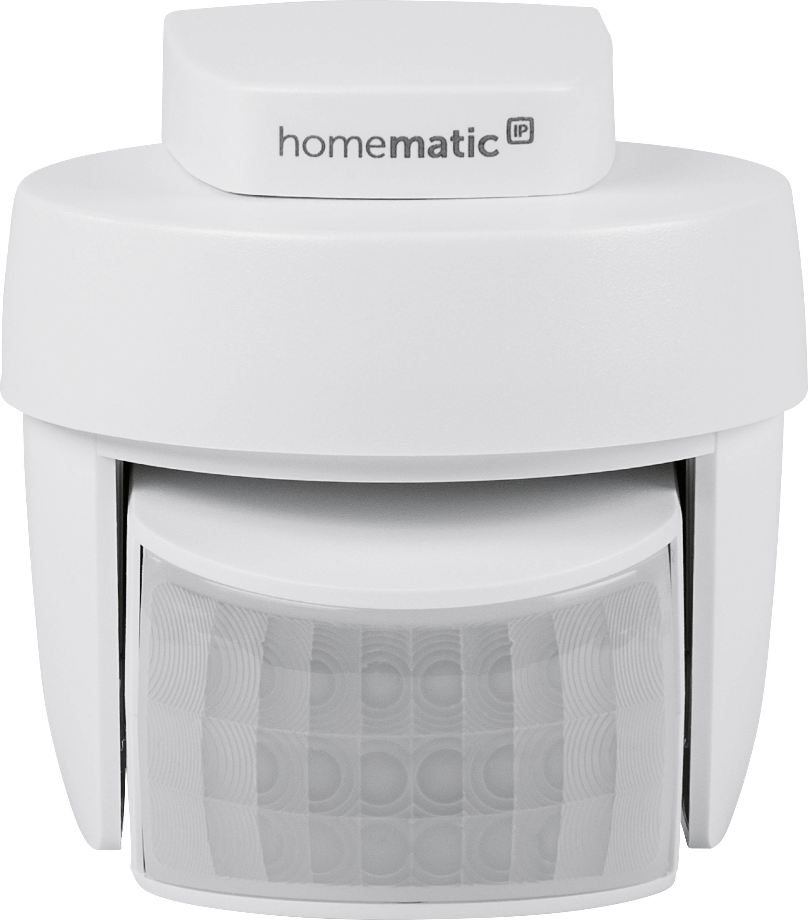 Capteur de mouvement Homematic IP blanc avec lentille PIR, montré en vue de face sur un fond uni.