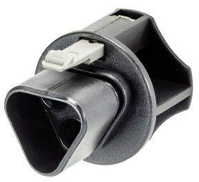Un connecteur en plastique noir triangulaire avec un mécanisme de verrouillage gris. Utilisé pour les connexions électriques.