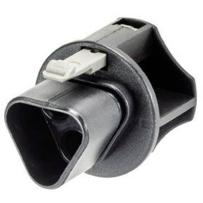 Un connecteur en plastique noir triangulaire avec un mécanisme de verrouillage gris. Utilisé pour les connexions électriques.