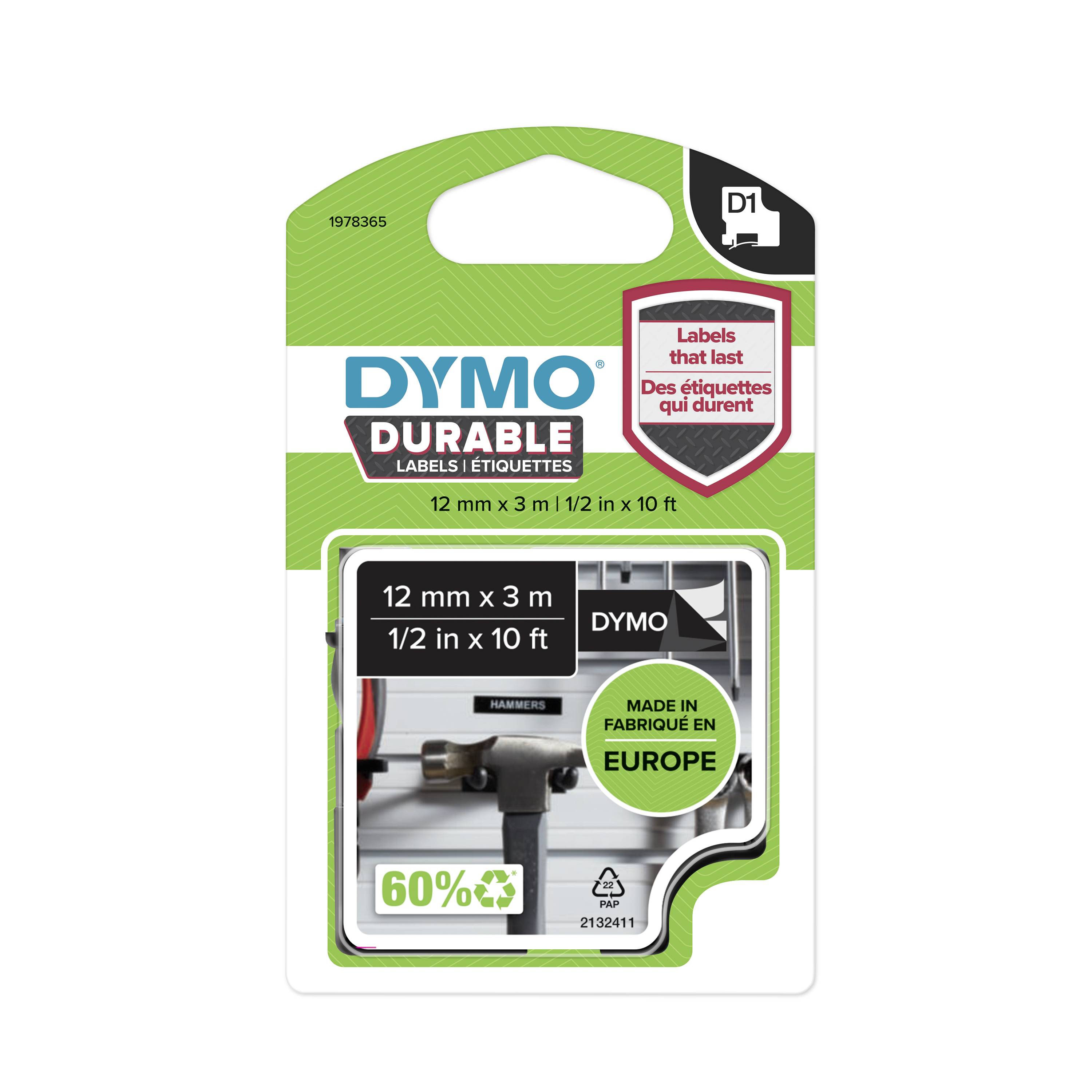 Une boîte d'étiquettes DYMO Durable indique la taille 12 mm x 3 m. Les étiquettes sont durables et fabriquées en Europe.