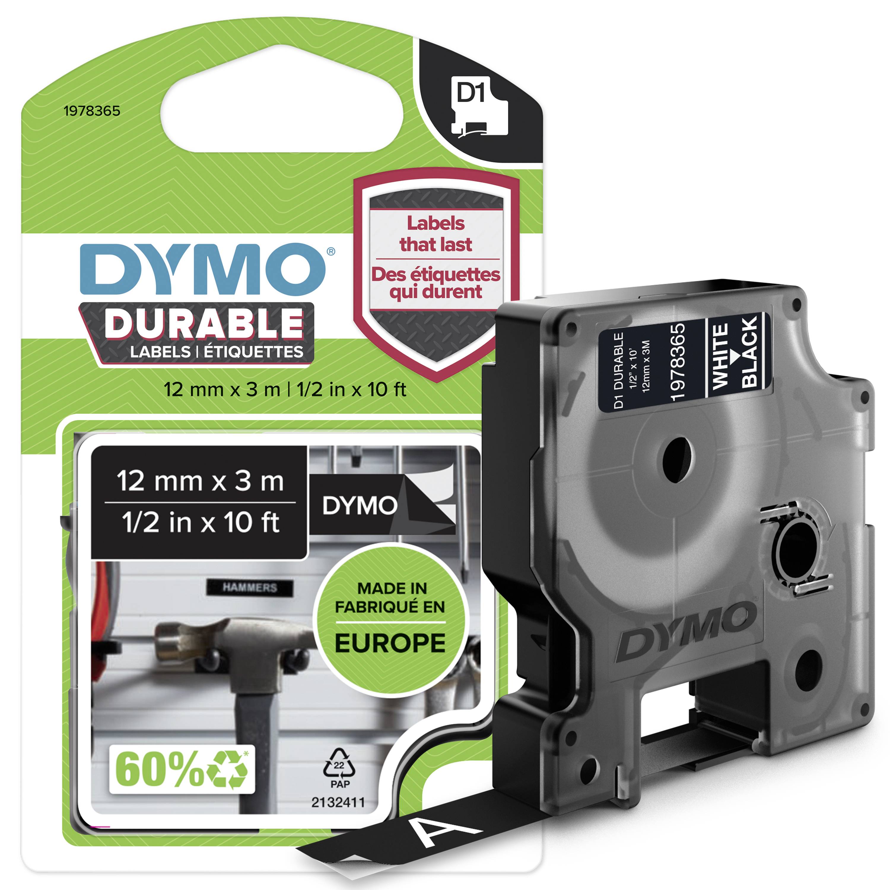 Une cassette de ruban DYMO, 12 mm x 3 m, écriture blanche sur fond noir, pour des étiquettes durables. Fabriqué en Europe.